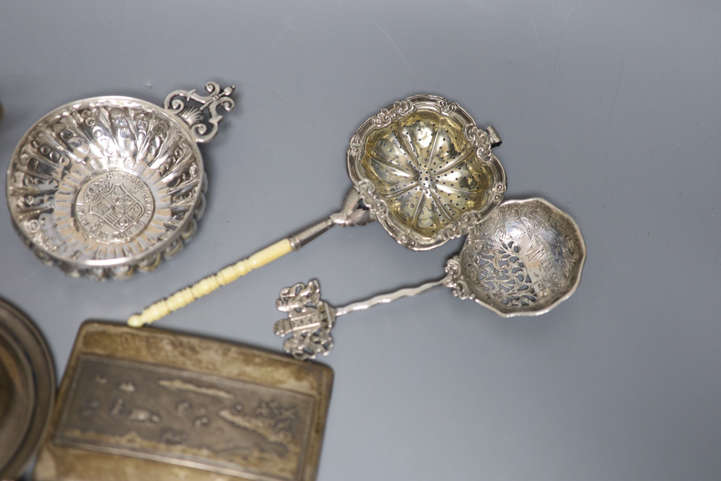 A George V silver sifter spoon and a quantity of assorted white metal items, including a Tiffany & Co sterling salt, a Swedish sifter ladle, sterling & enamel coffee spoons, etc.